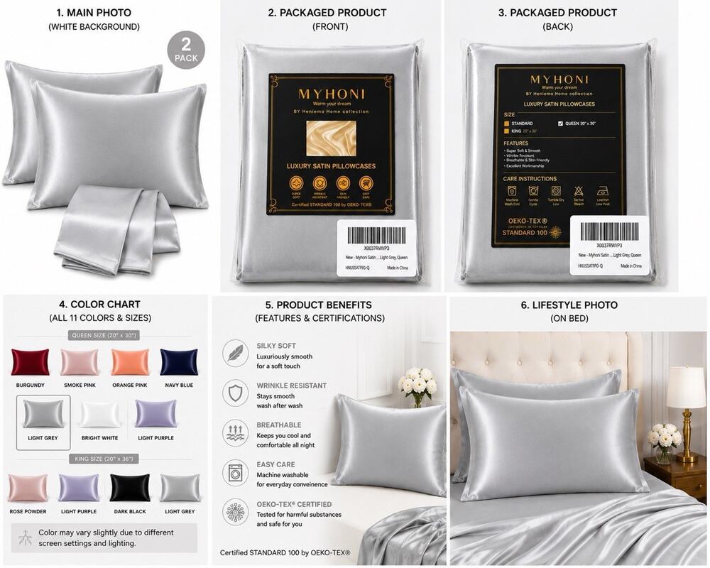 MYHONI Satin Pillowcase Queen 20x30 Light Grey 2 Pack Silky Soft Hair Skin NEW
